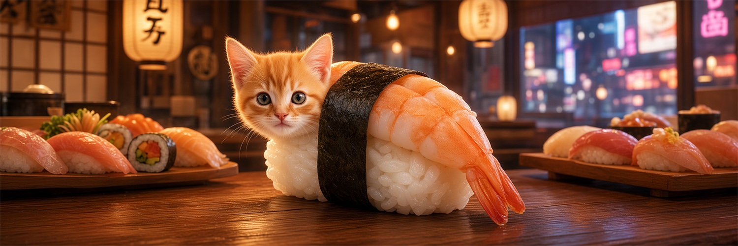 Sushi Cat on a sushi restaurant counter